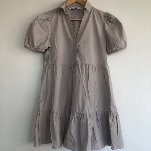 Zara short sleeve collared baby doll dress cotton Beige Small Lightweight Loose - Picture 6 of 10
